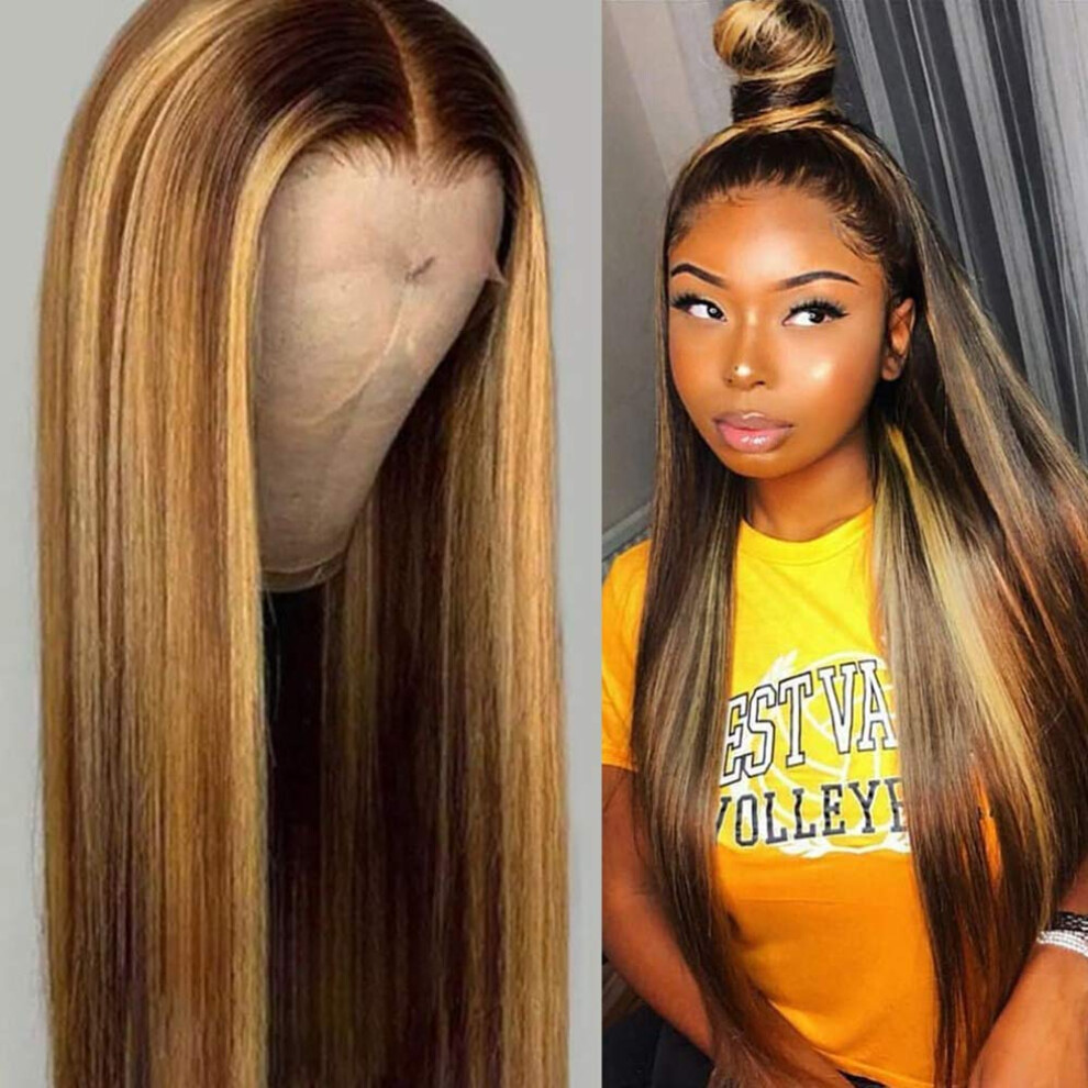 Unisex Brown Honey Blonde Highlight Lace Front Human Hair Wig 18 Inch Ombre Pre Plucked With Baby Hair