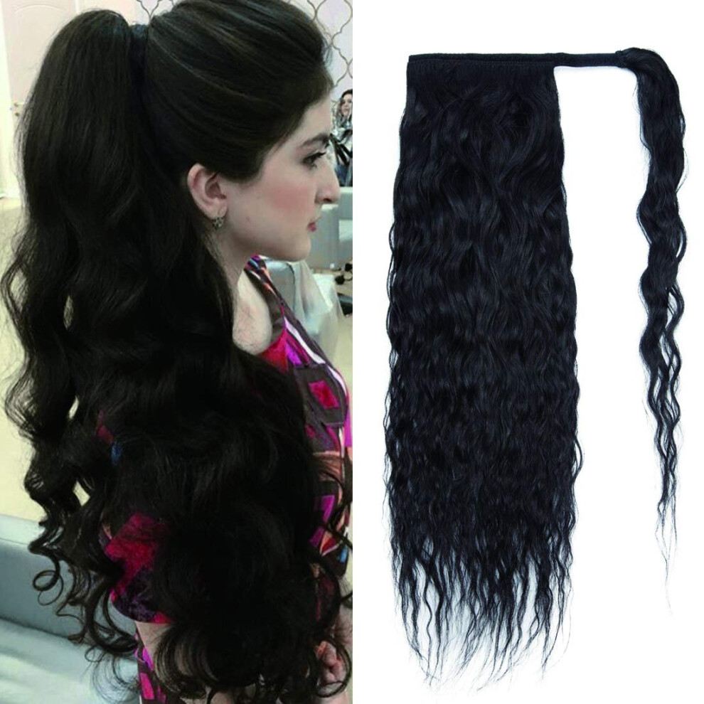 Unisex Black Jet Human Hair Wrap Around Ponytail Extension 20 Inch Wavy Natural Blend For Women