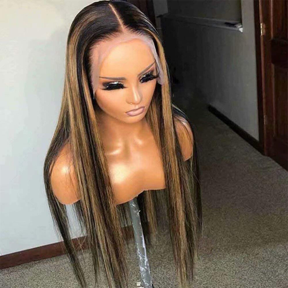 Unisex Highlight 1B/27 Straight Human Hair Lace Front Wig 13X6 Deep Part Brazilian Remy Pre Plucked With Baby Hair 8 Inch