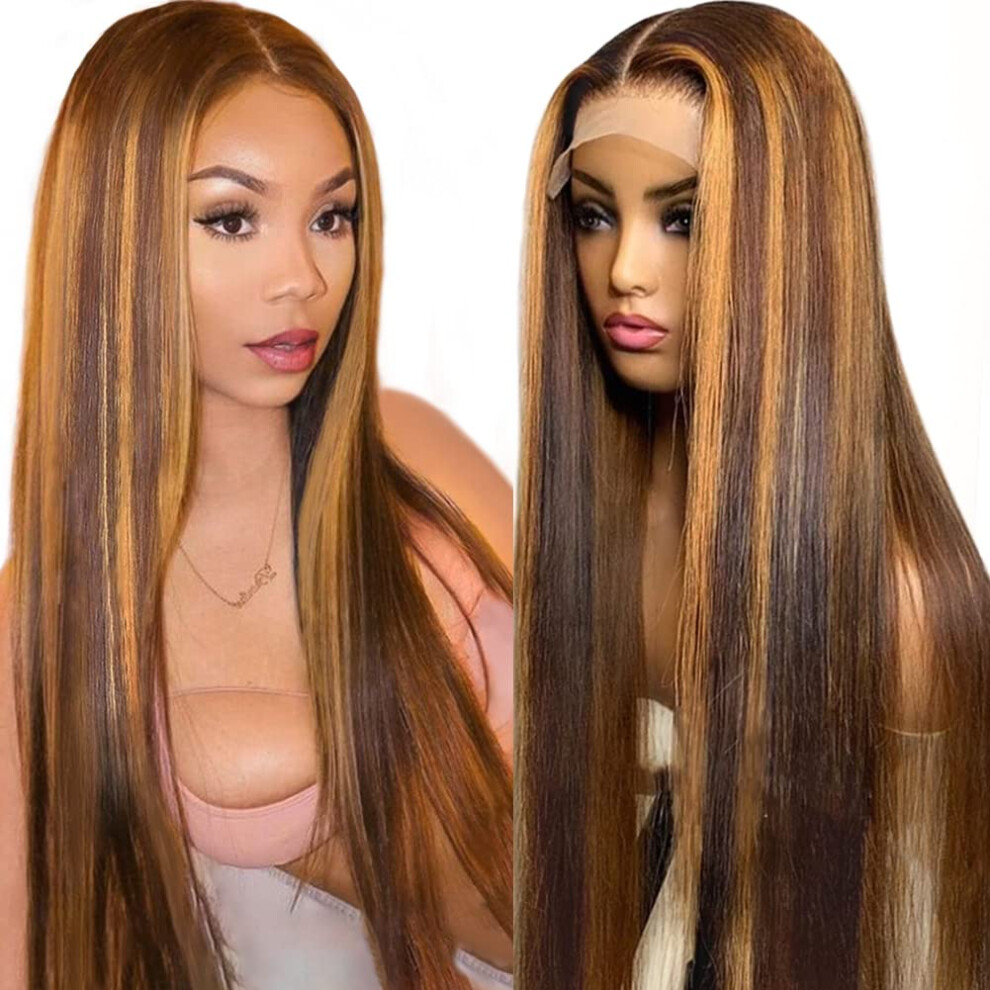 Unisex Brown 14 Inch Ombre Highlight Human Hair Lace Front Wig Preplucked Glueless Honey Blonde 4/27