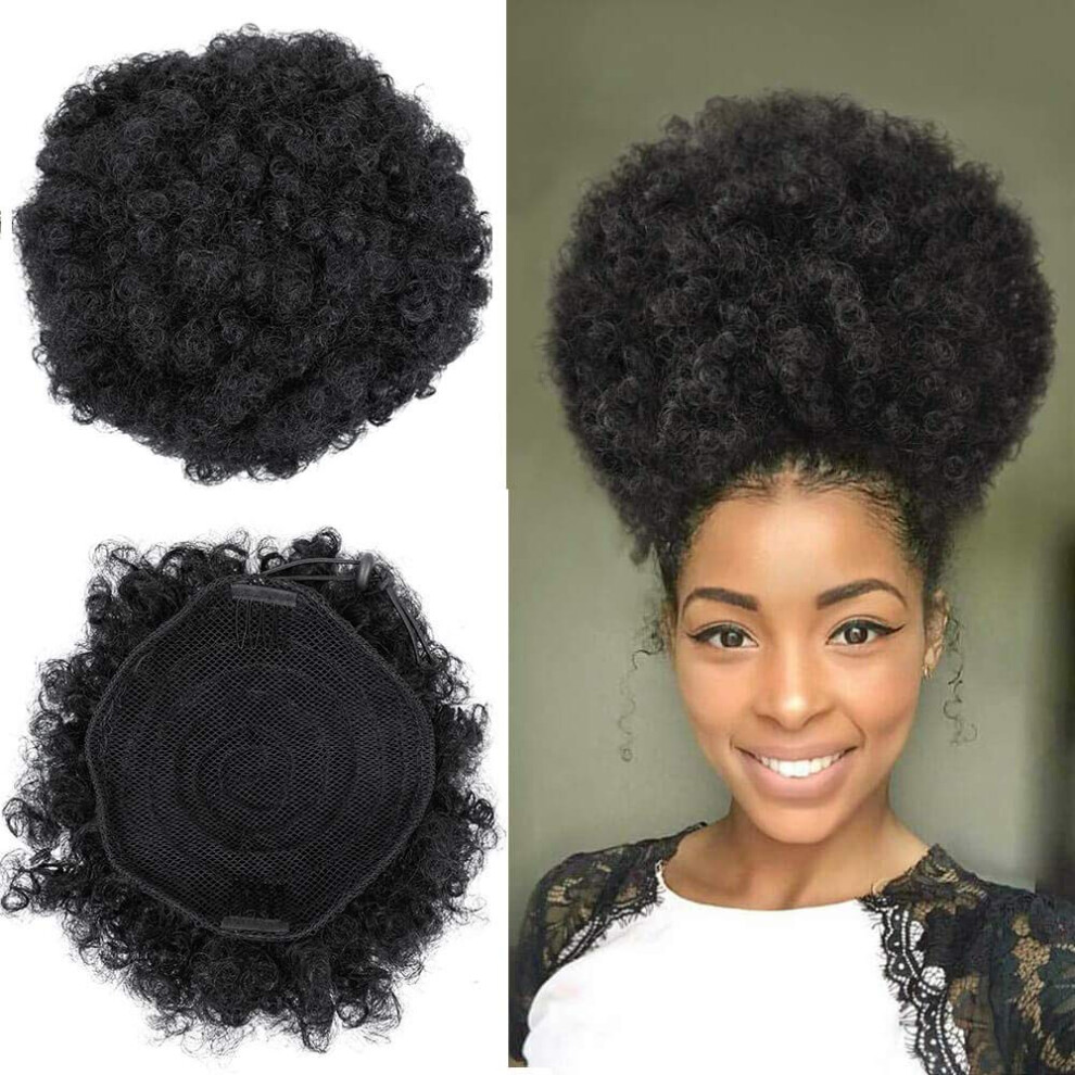 Unisex Extra Large Afro Puff Drawstring Ponytail With Clips, Synthetic Kinky Curly Hair Bun Extension 1B