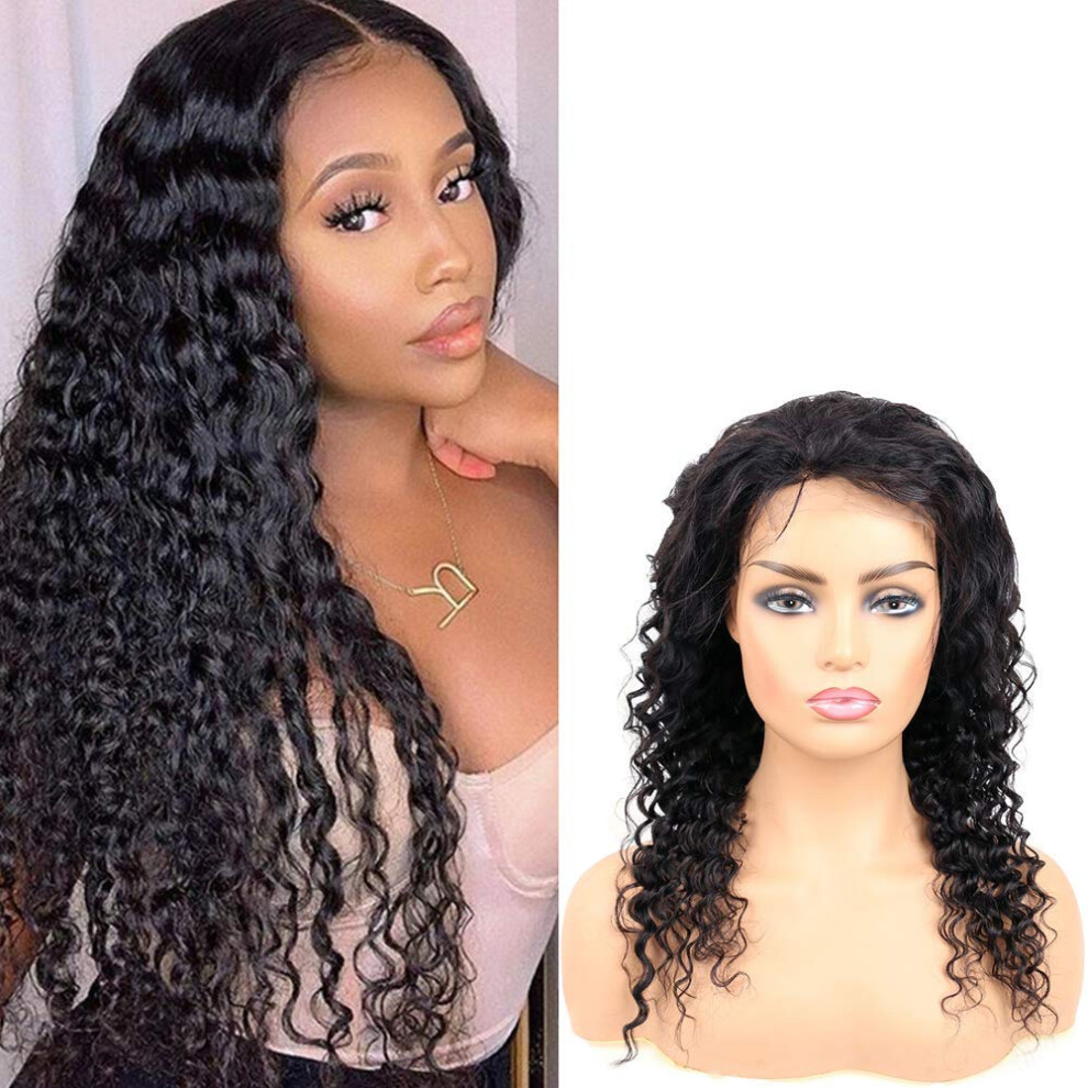 Unisex 4X4 Deep Wave Lace Closure Wig Brazilian Virgin Hair Pre Plucked Baby Hair Natural Hairline 18 Inch