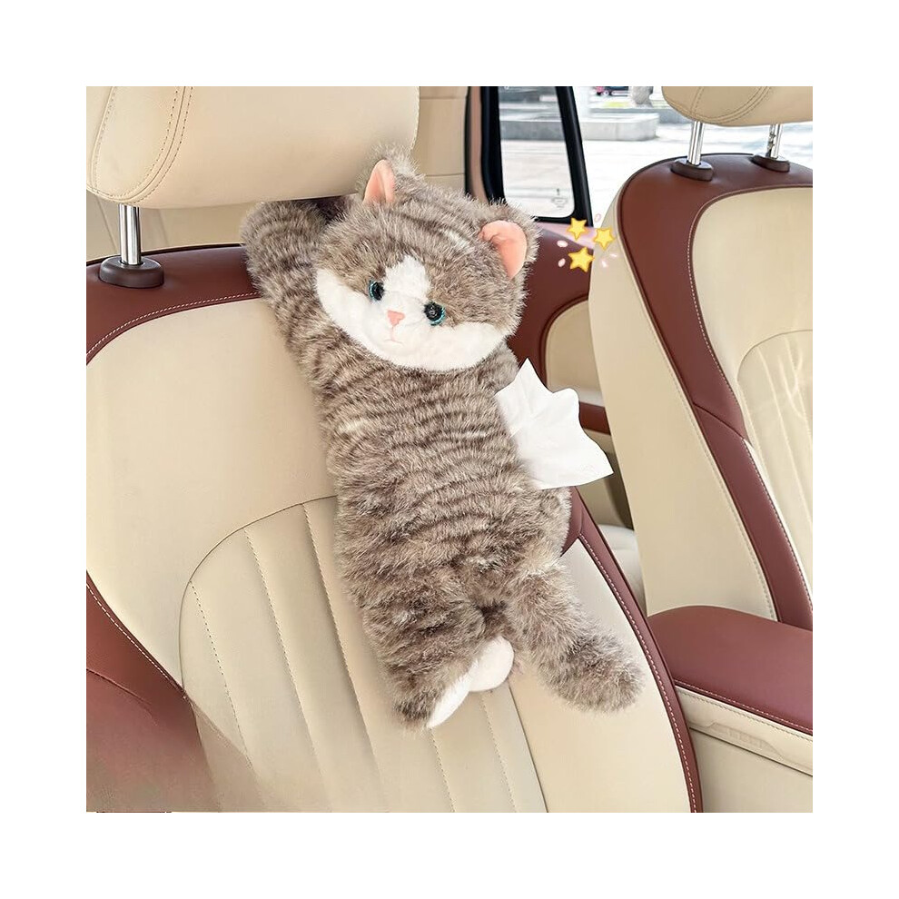 Car Tissue Box Cover Cute Plush Cat Holder With Hanging Strap, Auto Interior Organizer Grey 9053599065814