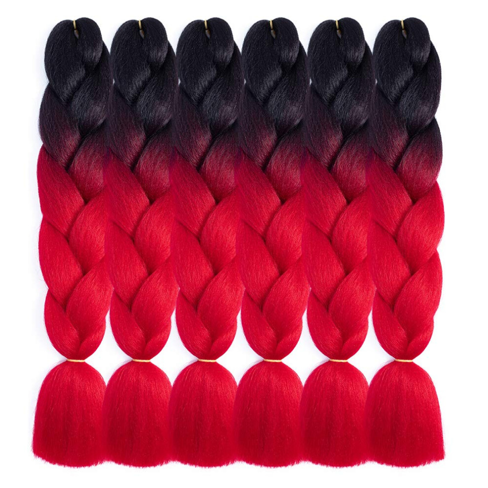 Unisex Black,Red Ombre Braiding Hair Extensions 24 Inch Prestretched Jumbo Braids Black To Red For Women