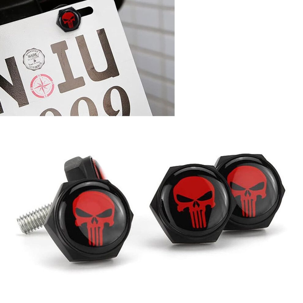 4 Pcs Skull License Plate Screws Set, Antitheft Secure Fit For Car Motorcycle Truck, And Black/Red 9053599065906