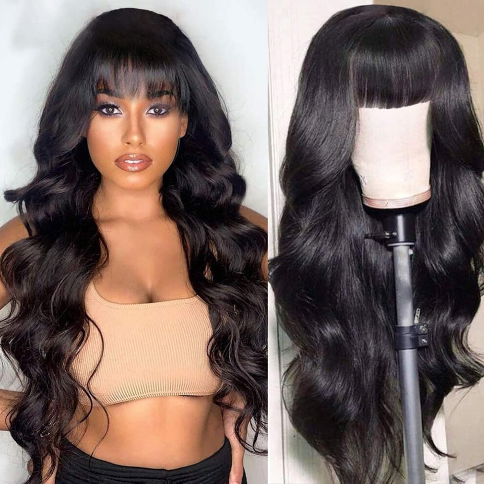 Unisex Black Brazilian Body Wave Human Hair Wig With Bangs Glueless 130% Density For Women 14 Inch