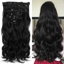 22 Inch Black Wavy Curly Clip in Hair Extensions Full Head 7 Piece Set with Secure 16 Clips