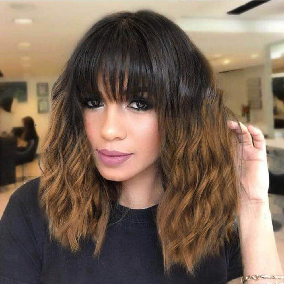 Bob Wig with Bangs Short Curly Ombre Black to Caramel Heat Resistant Synthetic Wig for Women
