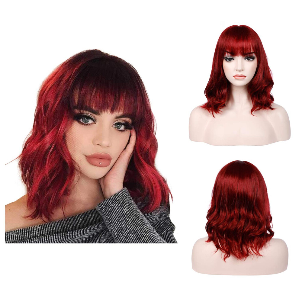 Wine Red Short Wavy Bob Wig with Bangs 14 Inch Synthetic Heat Resistant for Women Cosplay