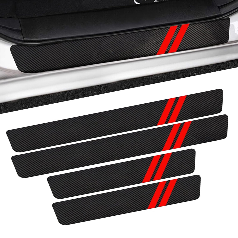 4Pcs Antiscratch Car Door Sill Protector With Sporty Carbon Fiber Pattern, Universal Fit Red 9053599066996