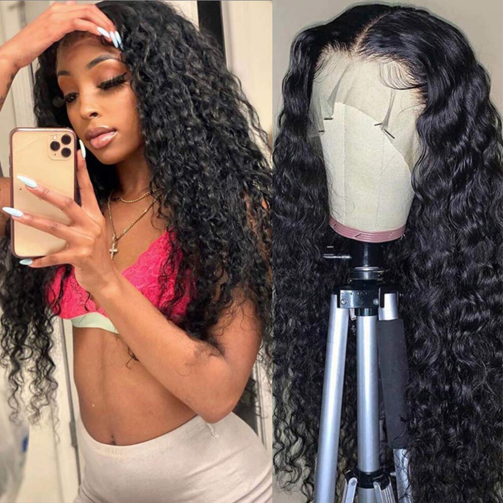 24 Inch Human Hair Lace Front Wig Wet and Wavy, Pre Plucked Brazilian Virgin Hair 150 Density Natural Color