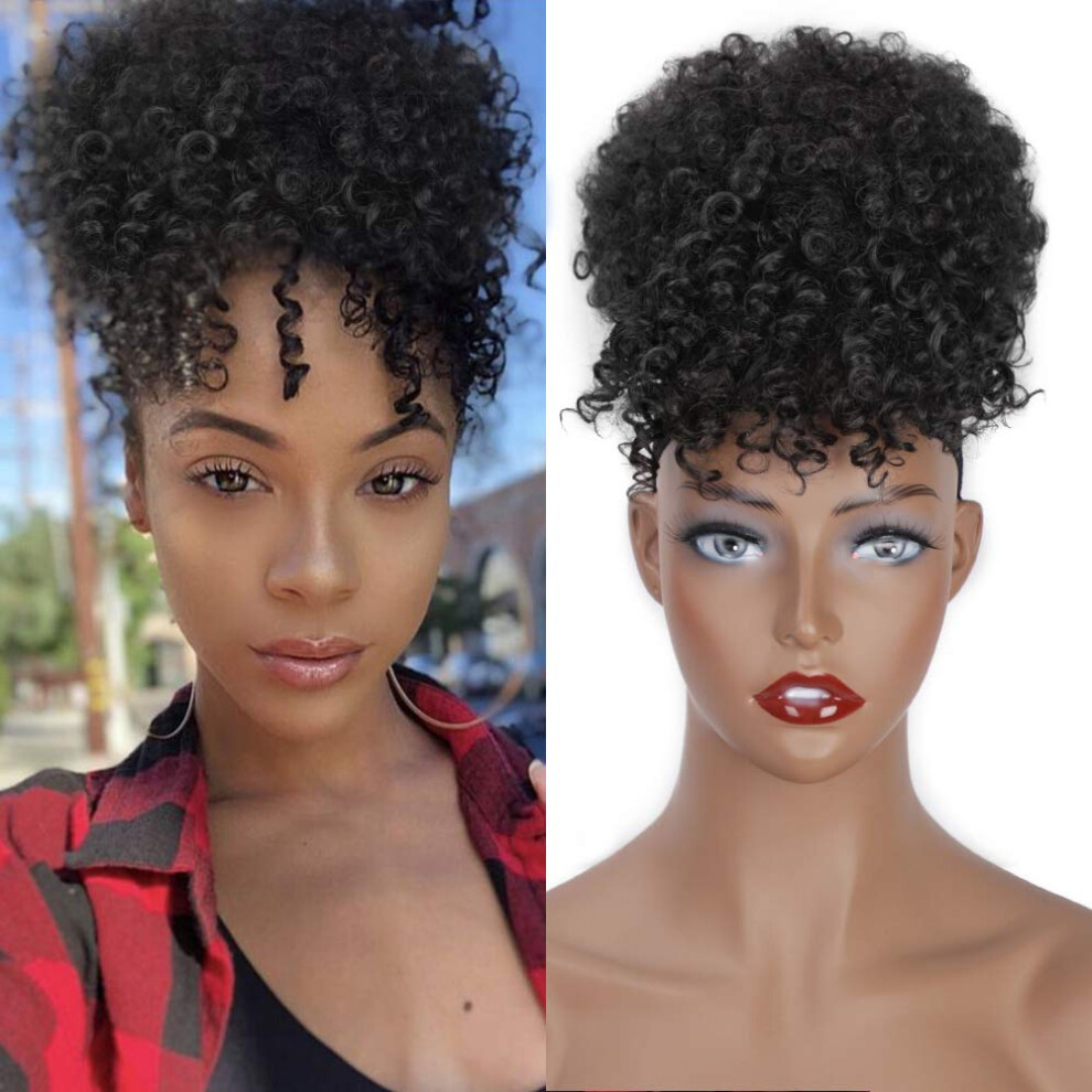 Afro Puff Drawstring Ponytail Extension for Black Women Curly Hair Bun Clipon Color 1B