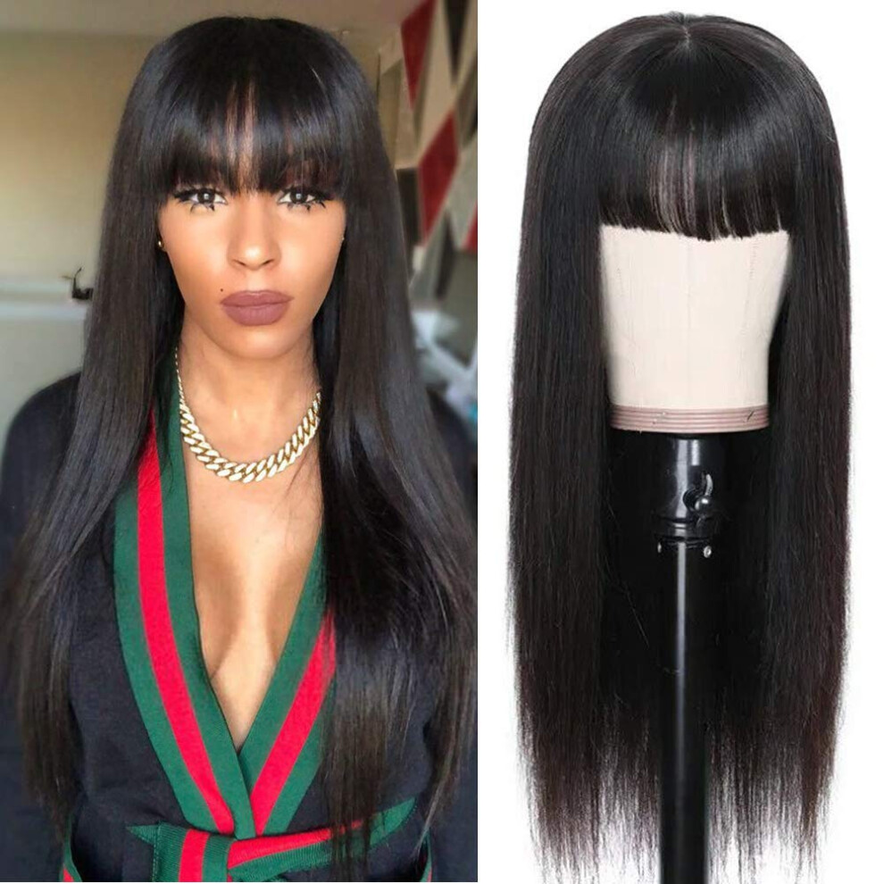 Unisex Brazilian Human Hair Lace Front Wig With Bangs 20 Inch Silky Straight 150% Density Natural Hairline