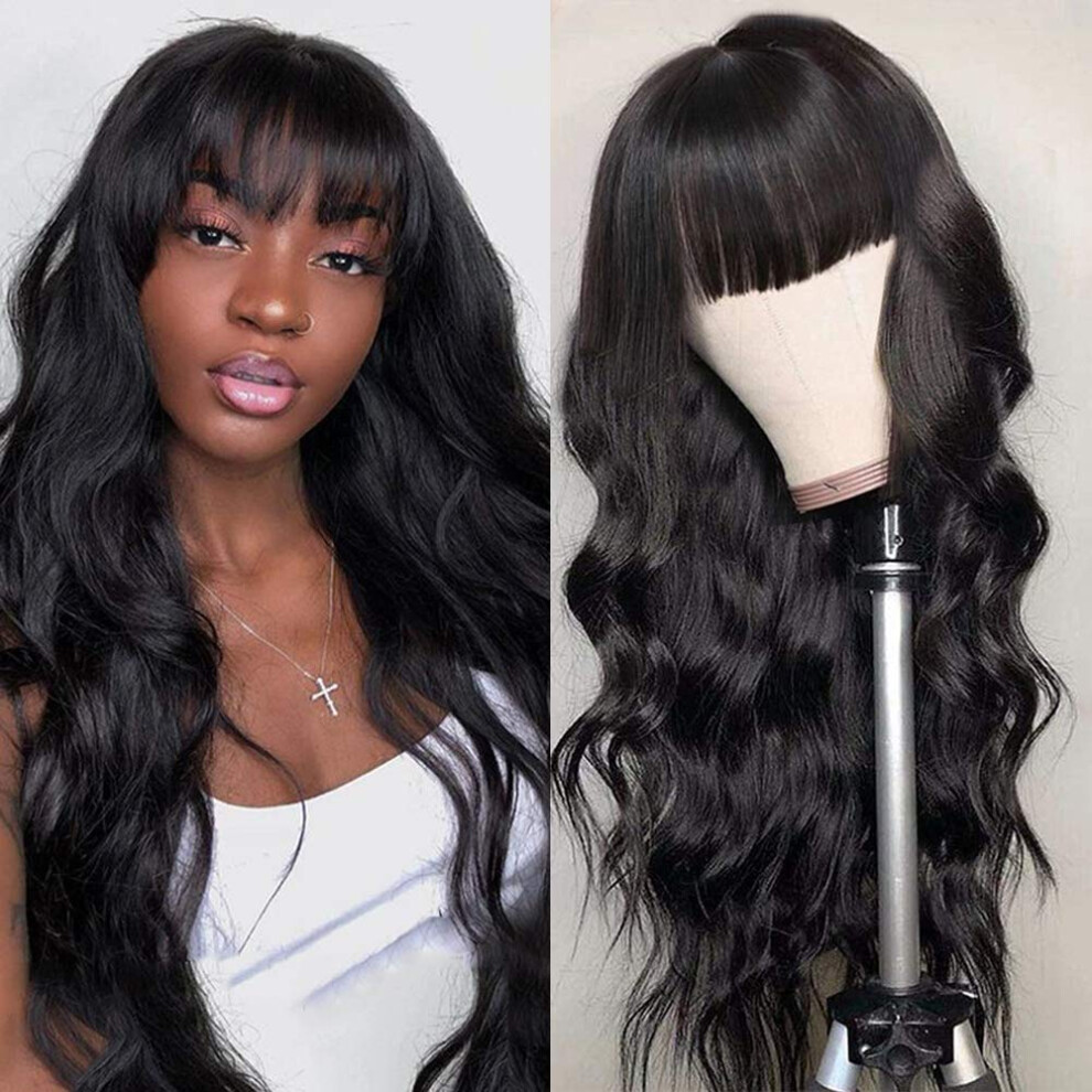 Brazilian Body Wave Wig with Bangs 26 Inch Virgin Human Hair Pre Plucked 180% Density Natural Hairline