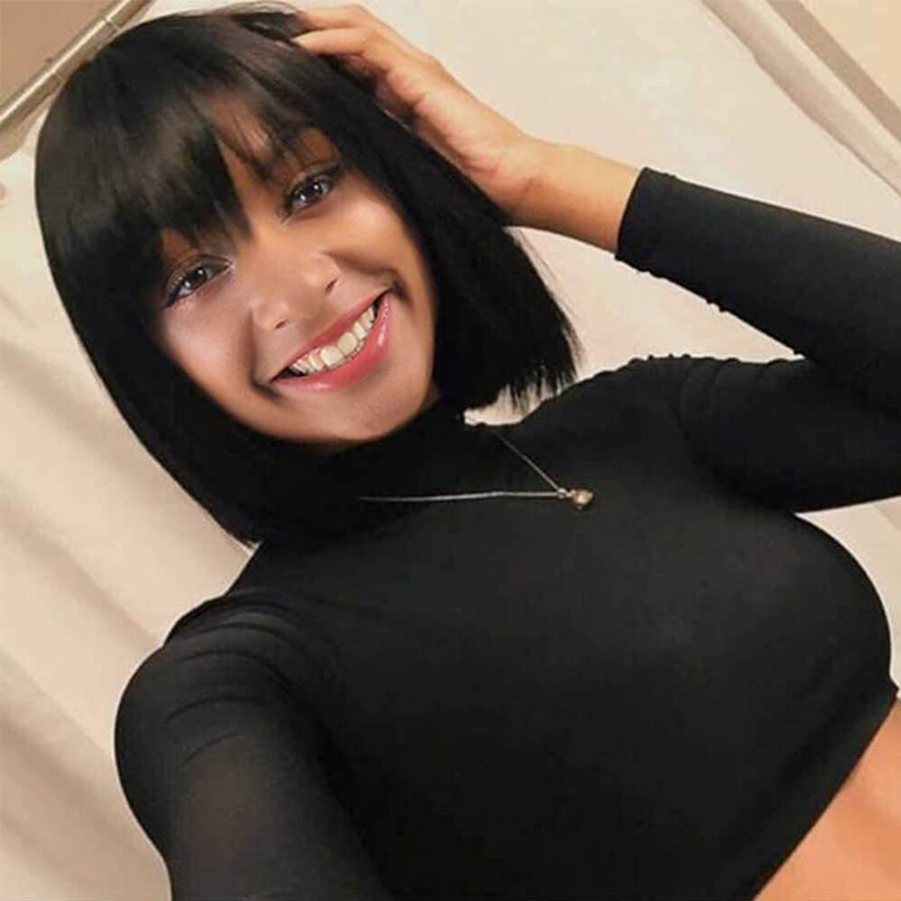 8 Inch Brazilian Straight Human Hair Bob Wig with Bangs for Black Women, 130% Density