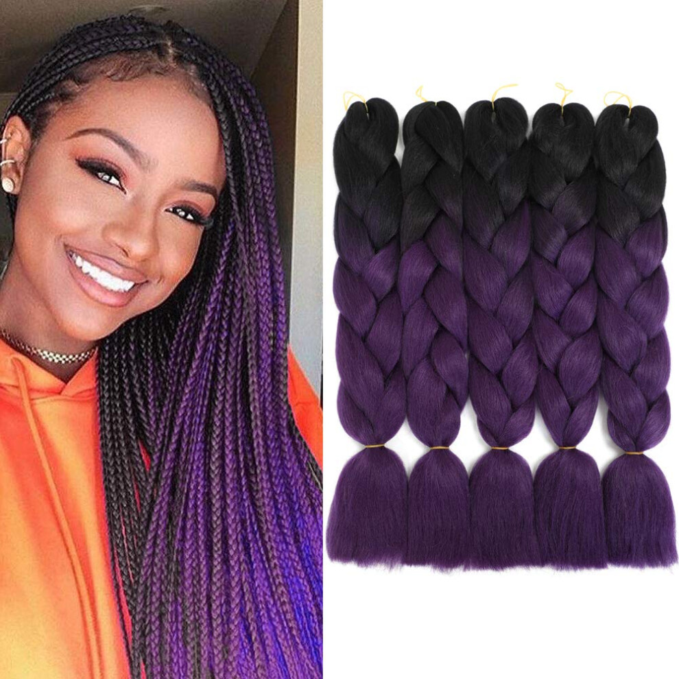 Purple Ombre Braiding Hair Extensions 24 Inch Synthetic Soft Tangle Fiber 5 Pack