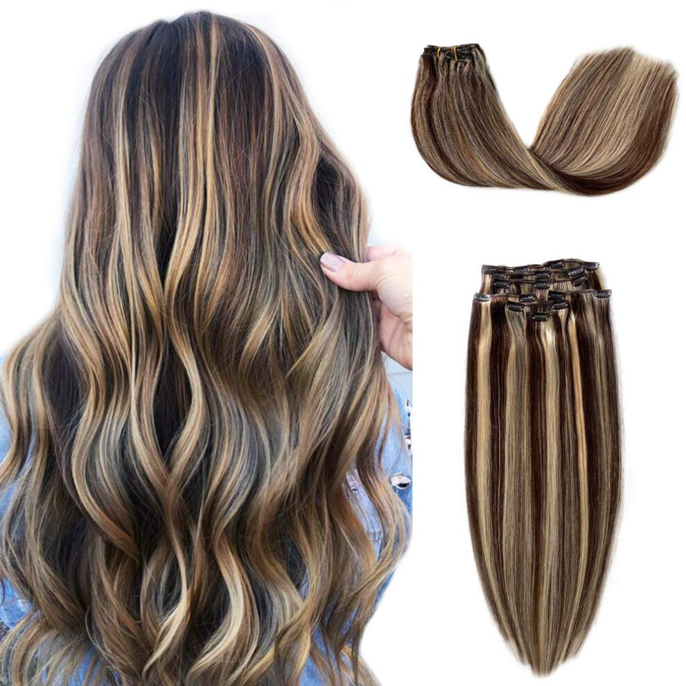 Unisex Brown Clip In Hair Extensions 20 Inch Chocolate Blonde Highlights Double Weft Remy Human Hair