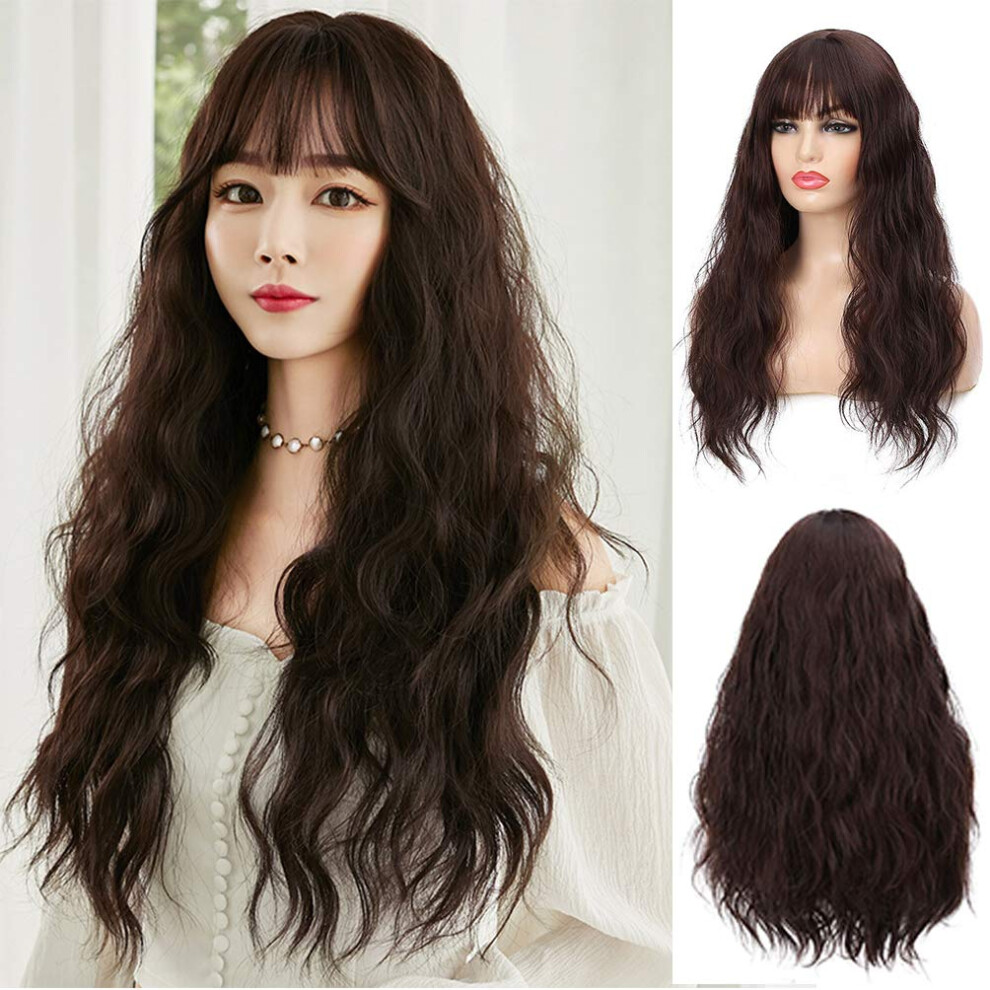 Long Wavy Brown Synthetic Wig with Bangs for Women Heat Resistant with Wig Cap 26 Inch