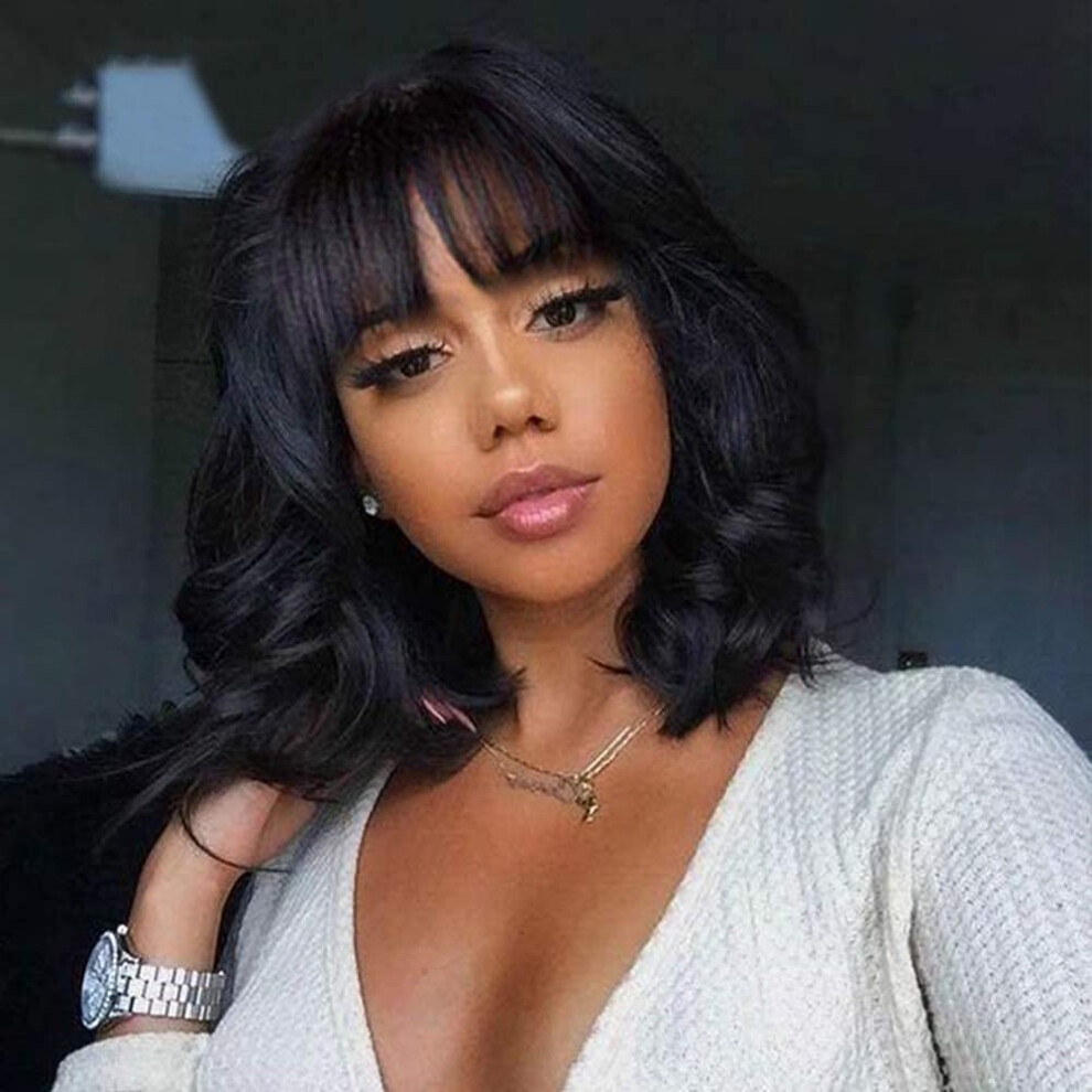 Unisex Black 10 Inch Short Wavy Human Hair Bob Wig With Bangs Glueless Brazilian Virgin For Women