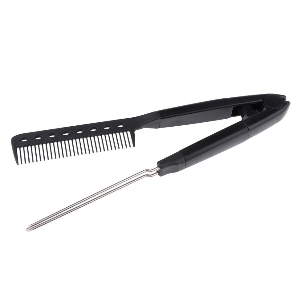 Unisex Hairdressing Straightener Hair Straighten Brush Pocket Comb Clamp Blac
