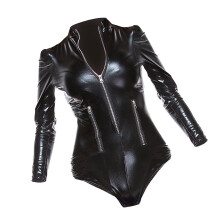 PU Leather Bodysuit Long Sleeve PVC Zip Front Teddy Jumpsuit Top Catsu