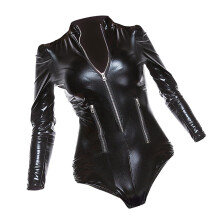 PU Leather Bodysuit Long Sleeve PVC Zip Front Teddy Jumpsuit Top Catsu