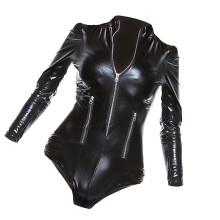 PU Leather Bodysuit Long Sleeve PVC Zip Front Teddy Jumpsuit Top Catsu
