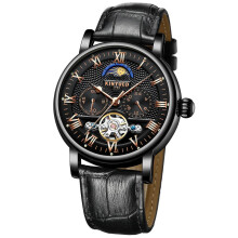 KINYUED Skeleton Moon Phase Auto Mechanical Leather Watch Black