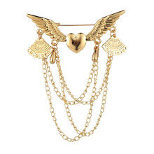 Mens Wings Chain Brooch Badge Pins Collar with Rhinestone Diamond Gold