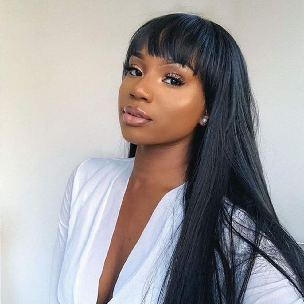 Unisex Black 18 Inch Brazilian Straight Human Hair Wig With Bangs, Glueless Virgin Hair For Women
