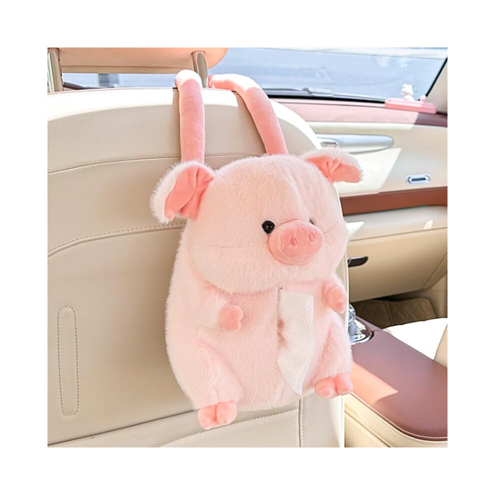 Cute Pig Car Tissue Box Holder Plush Animal Headrest Cover Fits Standard Tissues With Buckle Pink 9455672736411
