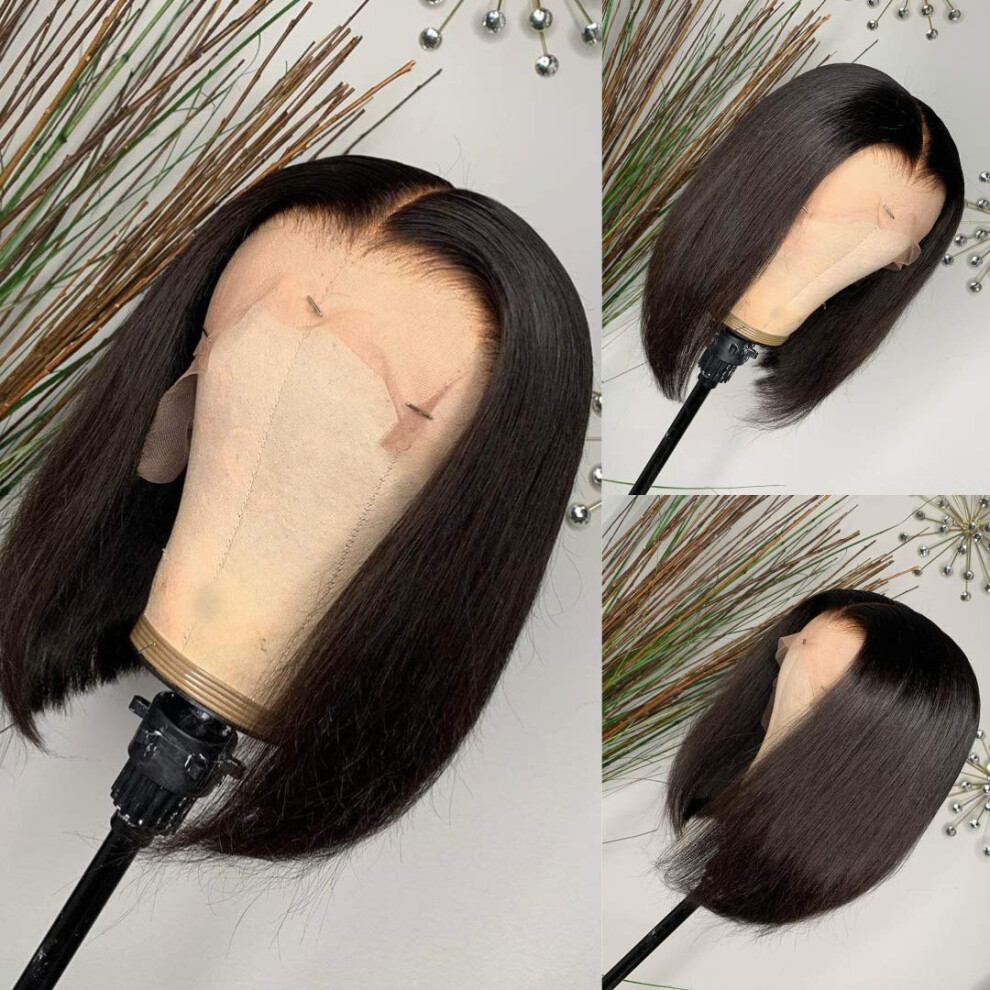 4x4 Bob Lace Front Human Hair Wig 10 Inch Pre Plucked Brazilian Remy with Natural Middle Part