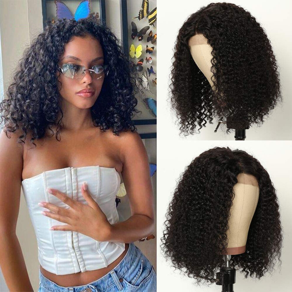 Unisex Black Curly Lace Front Wig 14 Inch Human Hair Bob For Women Brazilian Glueless Natural Hairline