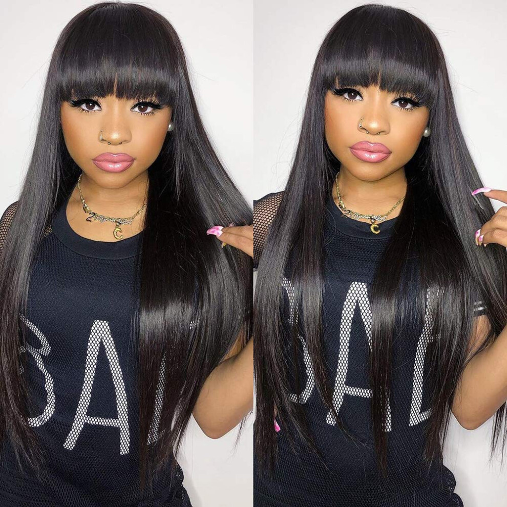Unisex Straight Human Hair Wig With Bangs For Women, 150% Density, Preplucked Natural Hairline, Glueless