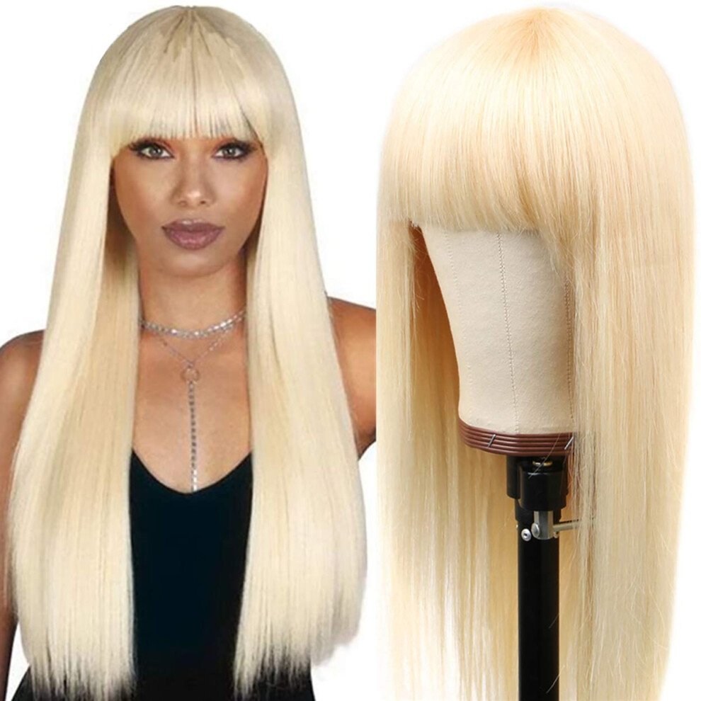 Unisex 613 Silky Straight Human Hair Wig With Precut Bangs 150% Density Glueless Blonde Brazilian Virgin Hair