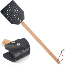 Leather Fly Swatter with Long Wooden Handle, Heavy Duty Mosquito Swatter for Indoor Outdoor Use, Black 19 Inch