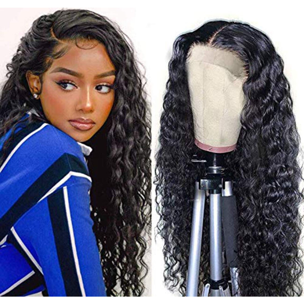 Unisex Black Brazilian Remy Curly Lace Front Wig 22 Inch Human Hair Pre Plucked Bleached Knots For Women
