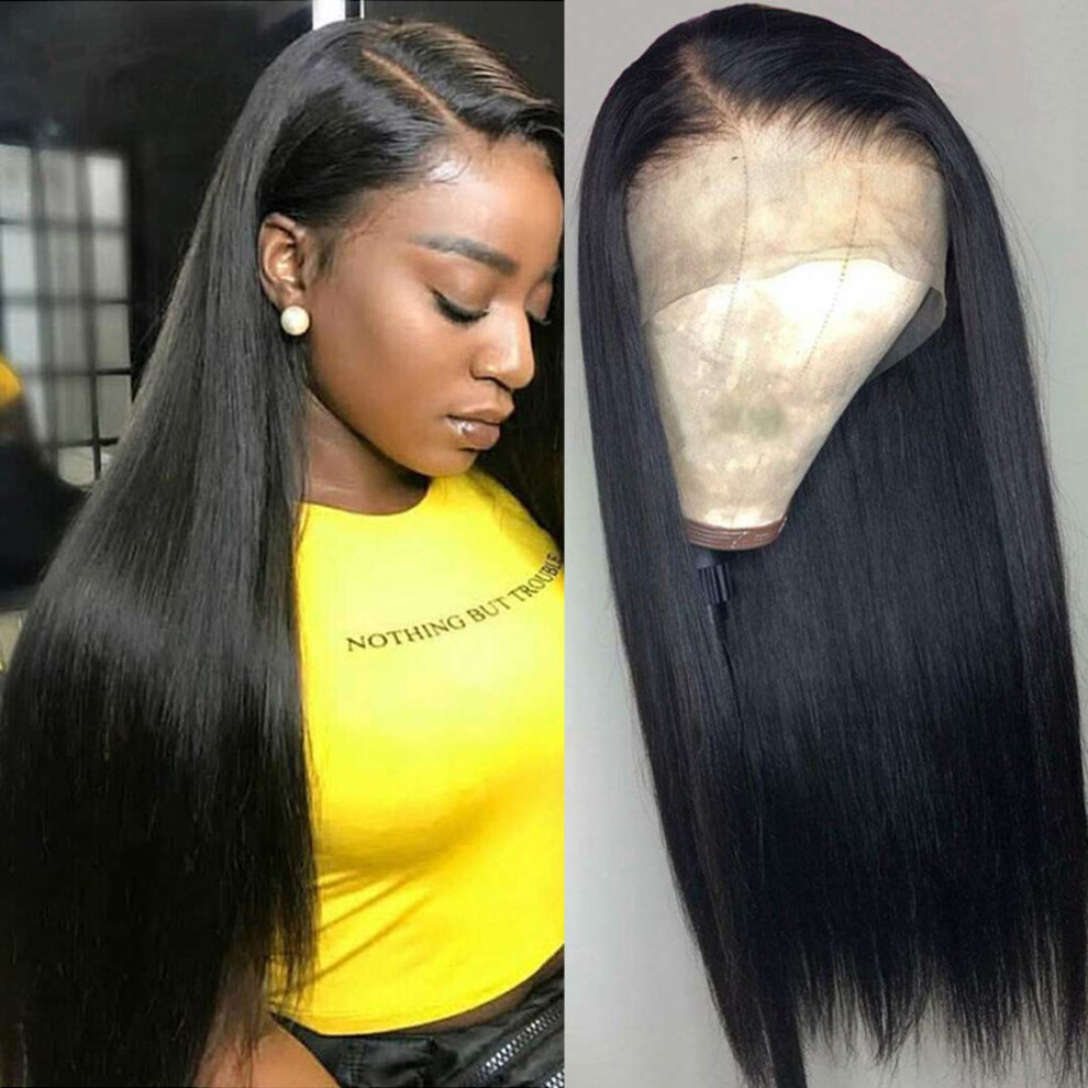Unisex Black Lace Front Wigs Human Hair 13X4 Straight Remy Brazilian Wig 16 Inch Pre Plucked Bleached Knots For Women