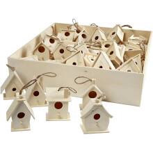 Pack of 60 Mini Wooden Bird Houses with Hanging Cord for Crafts, Events and Home Decor