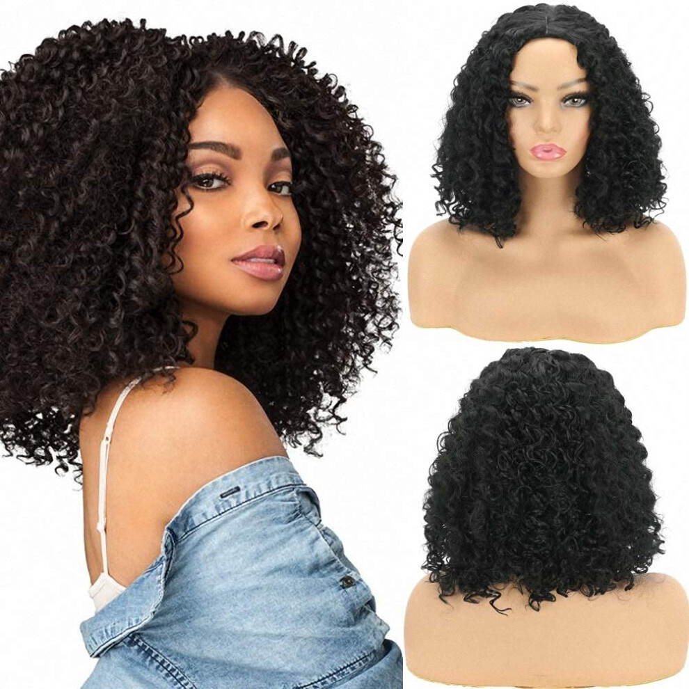 Short Kinky Curly Jerry Curl Wig 14 Inch Shoulder Length Heat Resistant Synthetic Hair for Black Women