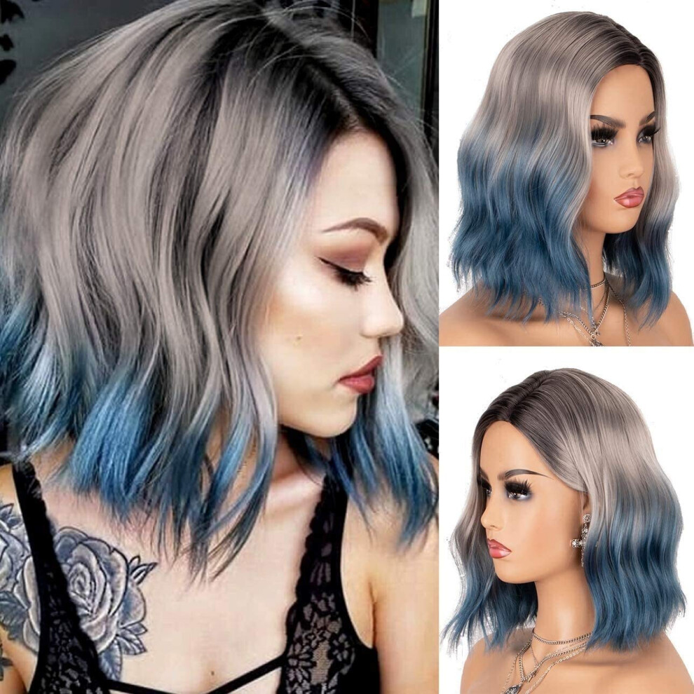 Blonde Synthetic Wig with Dark Roots, Glueless Short Bob Wavy Style, Blue Natural Look for Women