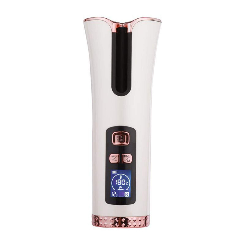 White Cordless Automatic Hair Curler With Lcd Display, Usb Rechargeable Titanium Rotating Curling Iron For Travel