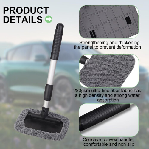 Car Windshield Cleaner with 180 Rotating Head, Extendable Handle and 3 Reusable Pads, Universal 1