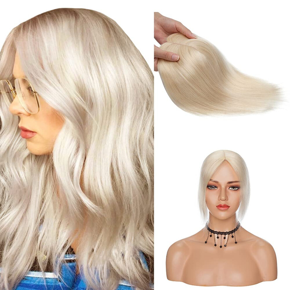 Unisex Silver Human Hair Topper For Women Silk Base Platinum Blonde Clip In Remy Hairpiece 16 Inch 50G
