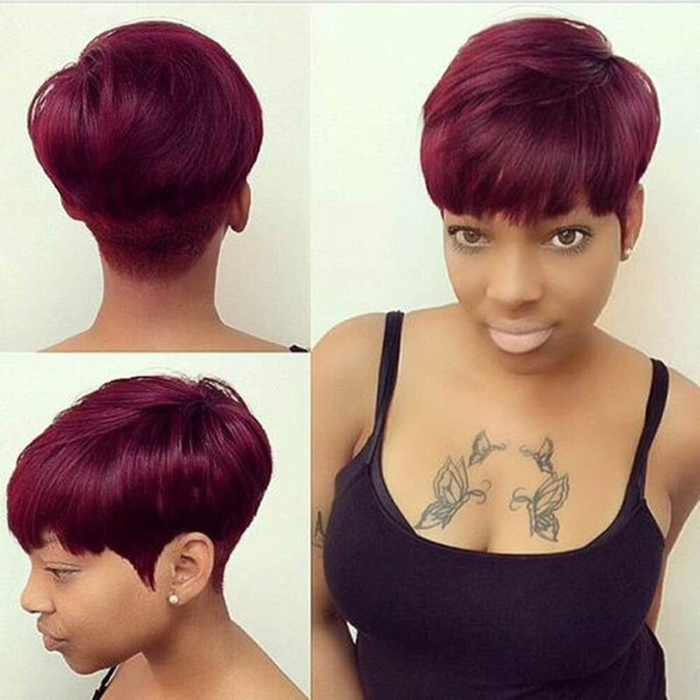 Short Pixie Cut Wig for Black Women, Wine Red Synthetic Wig with Bangs, Heat Resistant