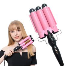 1 Inch Triple Barrel Curling Iron Hair Waver Ceramic Tourmaline for Beach Waves Pink and Black
