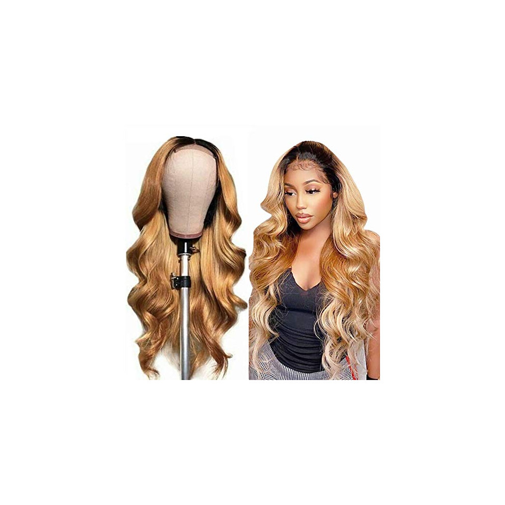Unisex Human Hair Lace Front Wig Ombre Body Wave 4X4 Closure Brazilian Virgin Hair Glueless 1B/27 14 Inch Natural Hairline