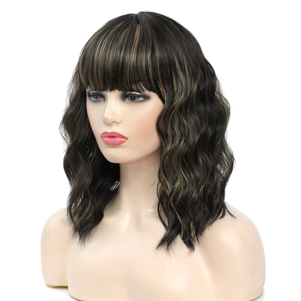 Unisex Brown Blonde Bob Wig With Bangs, Shoulder Length Wavy Synthetic, Heat Resistant, Blonde Highlights