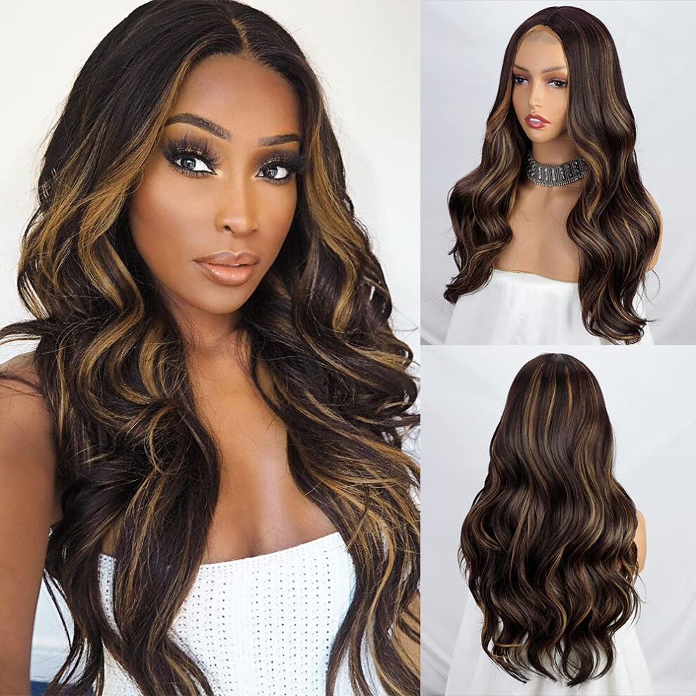 24 Inch Long Wavy Synthetic Wig for Black Women with Natural Highlights, Heat Resistant Fiber