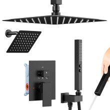 Matte Black Dual Shower Head System with 10 inch Rainfall Ceiling and 6 inch Wall Mount, Handheld Spray Gun, 5in1 Modes, Pressure Balancing Valve
